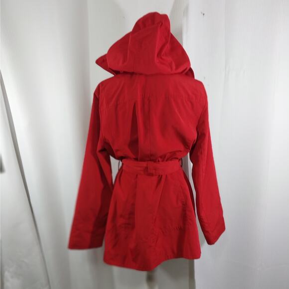 LONDON FOG "TOWNE!" RACY RED COTTON DUCK BELTED RAINCOAT, W/BUTTON ON HOOD! SZ L - Picture 9 of 13